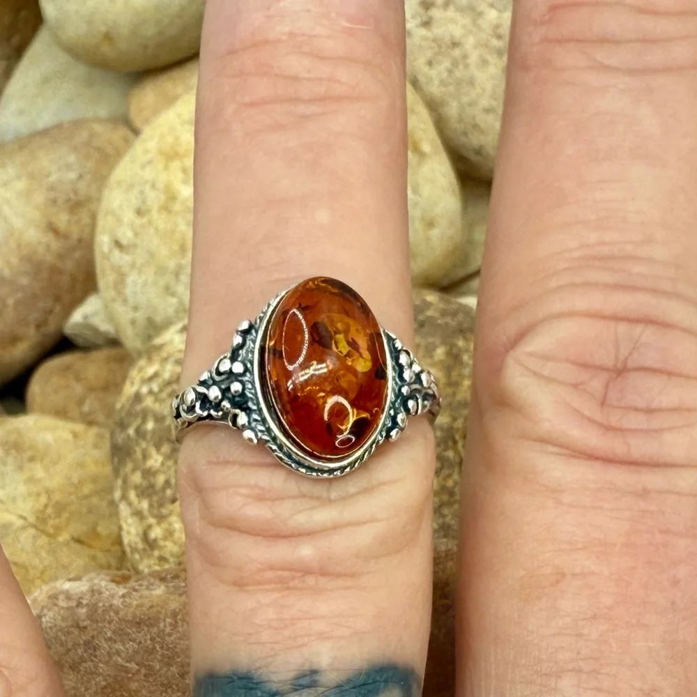 Vintage Cognac Baltic Amber Sterling Silver Filigree Ring Size 6